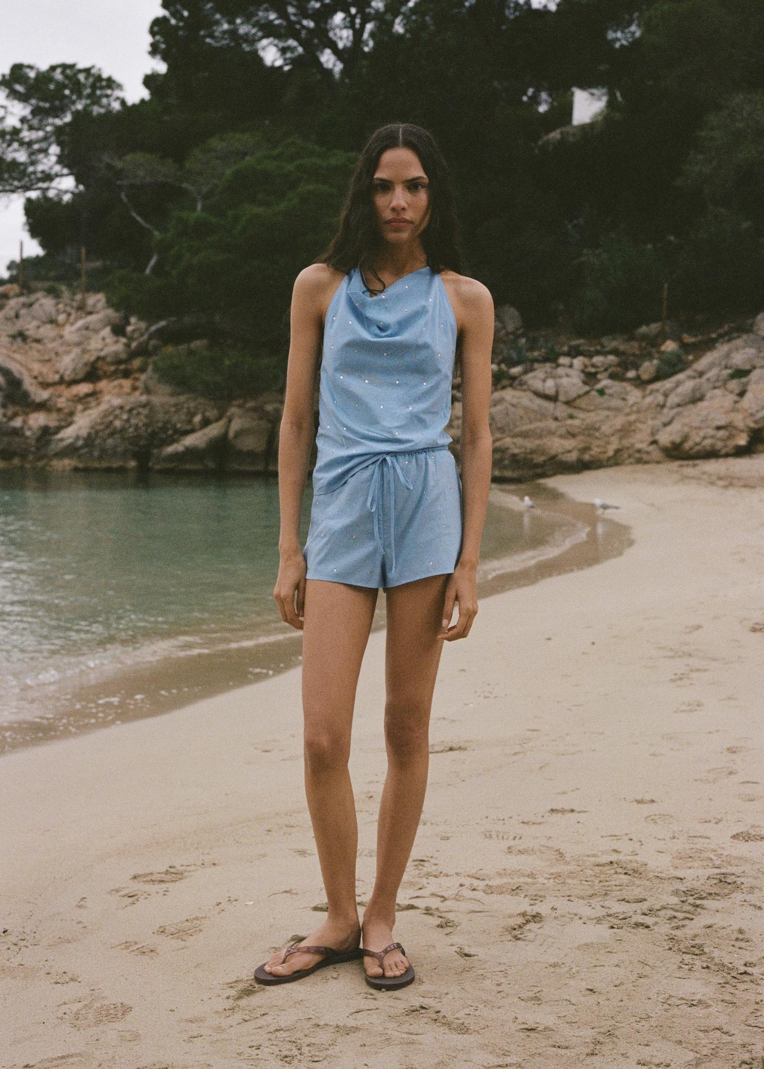 Cotton halter top with rhinestone detail - Women | MANGO USA Product Image