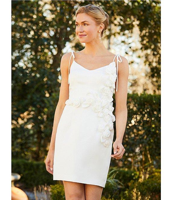 Terani Couture Matte Satin V-Neck Sleeveless Tie Strap 3D Floral Mini Dress Product Image