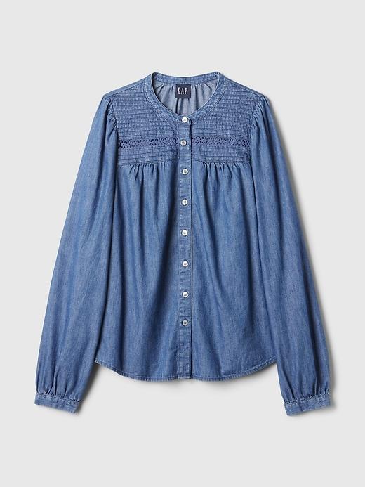 Puff-Sleeve Lace-Trim Denim Shirt Product Image