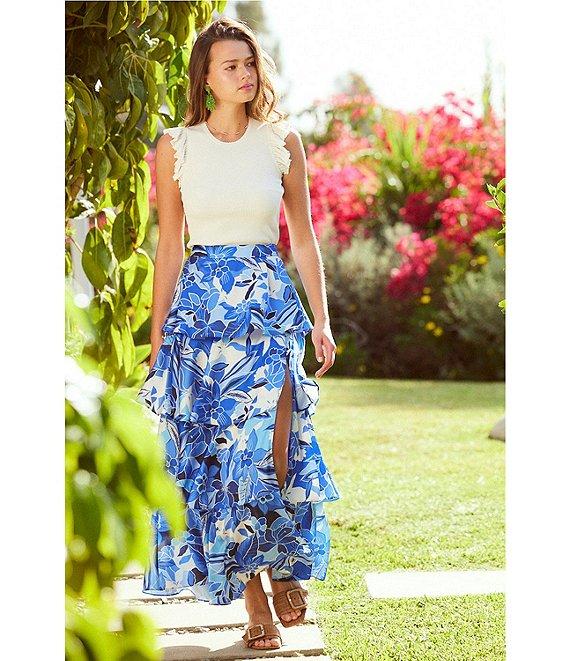 Skies Are Blue Coordinating Satin Floral Printed Tier Maxi Skirt Product Image