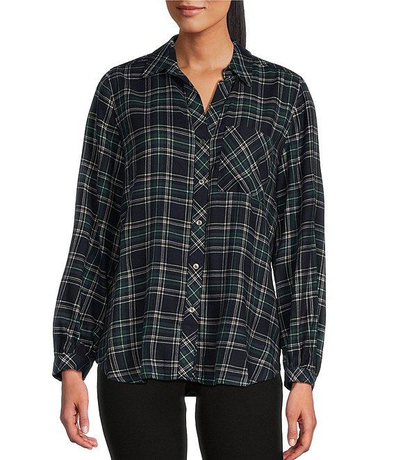 Westbound Tartan Plaid Print Long Sleeve Y-Neck Button Front Collared Top Product Image