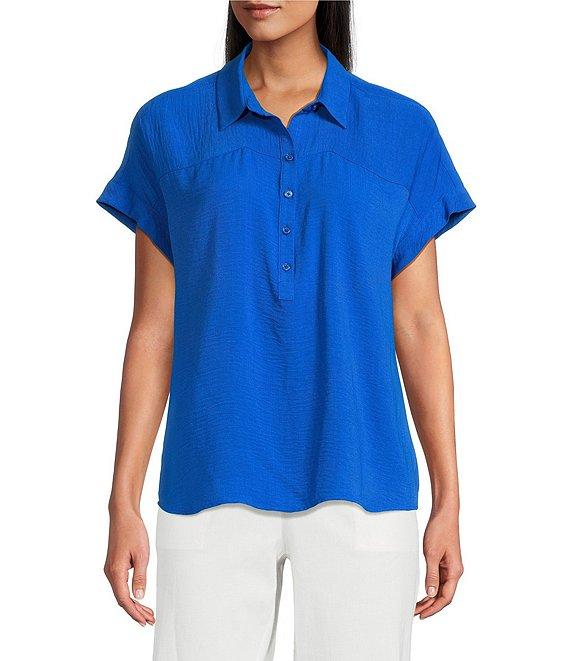 Investments Petite Size Woven Short Sleeve Point Collar Partial Button Front Top Product Image