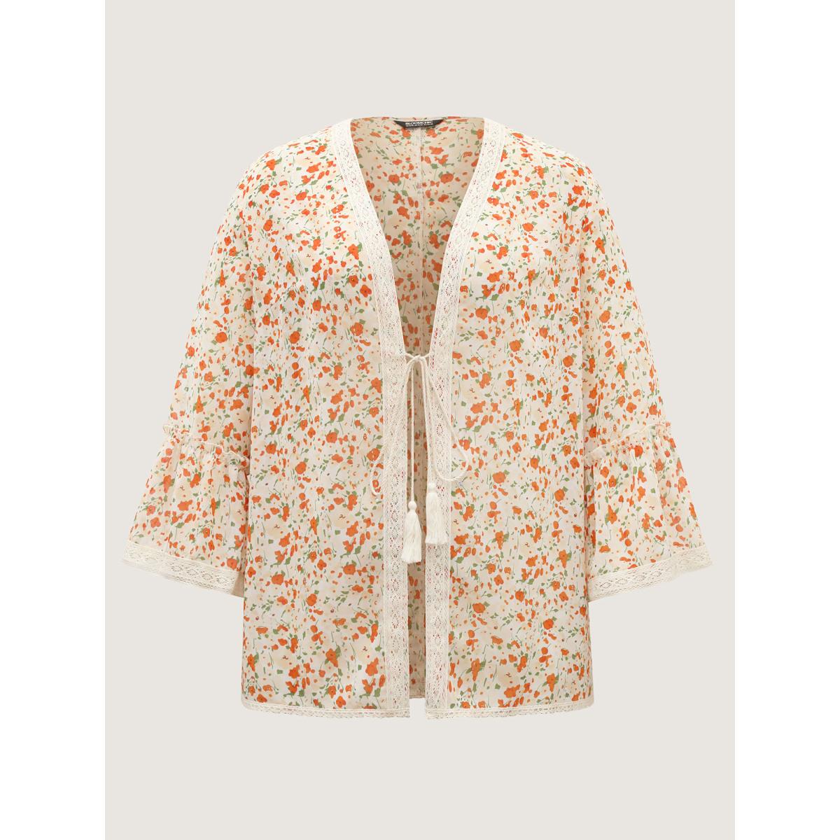 Plus Size Fine Glitter Print Front-Tie Kimono Women Brightorange Tie knot Loose Vacation Kimonos BloomChic 30/6X Product Image