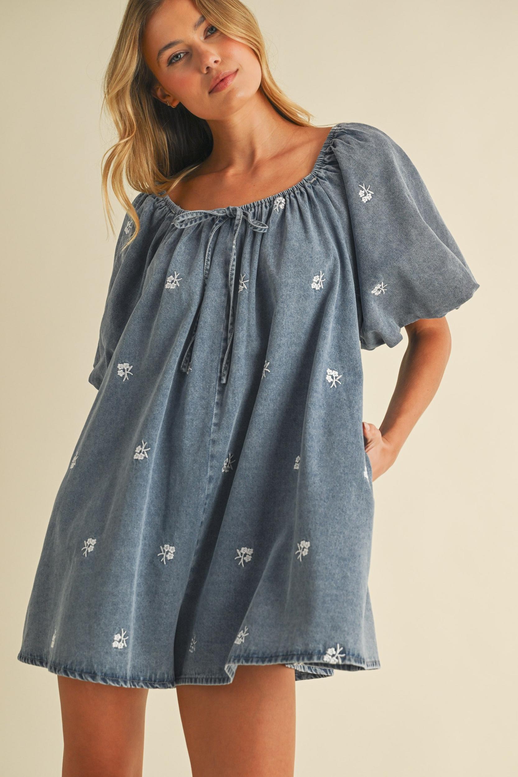 Embroidered Denim Puff Sleeve Romper Product Image