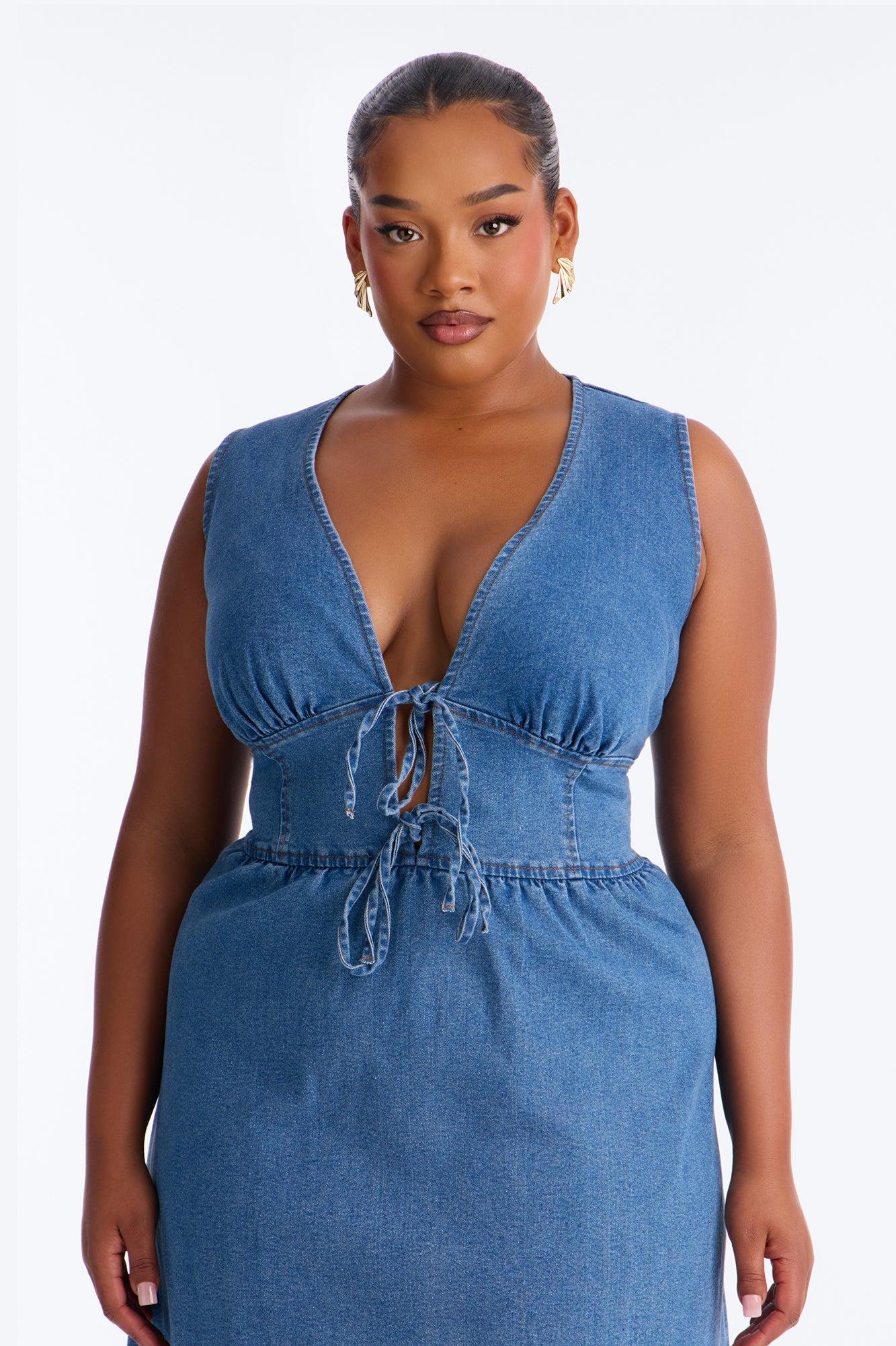 Rory Pleated Denim Midi Dress - Medium Wash Female Product Image