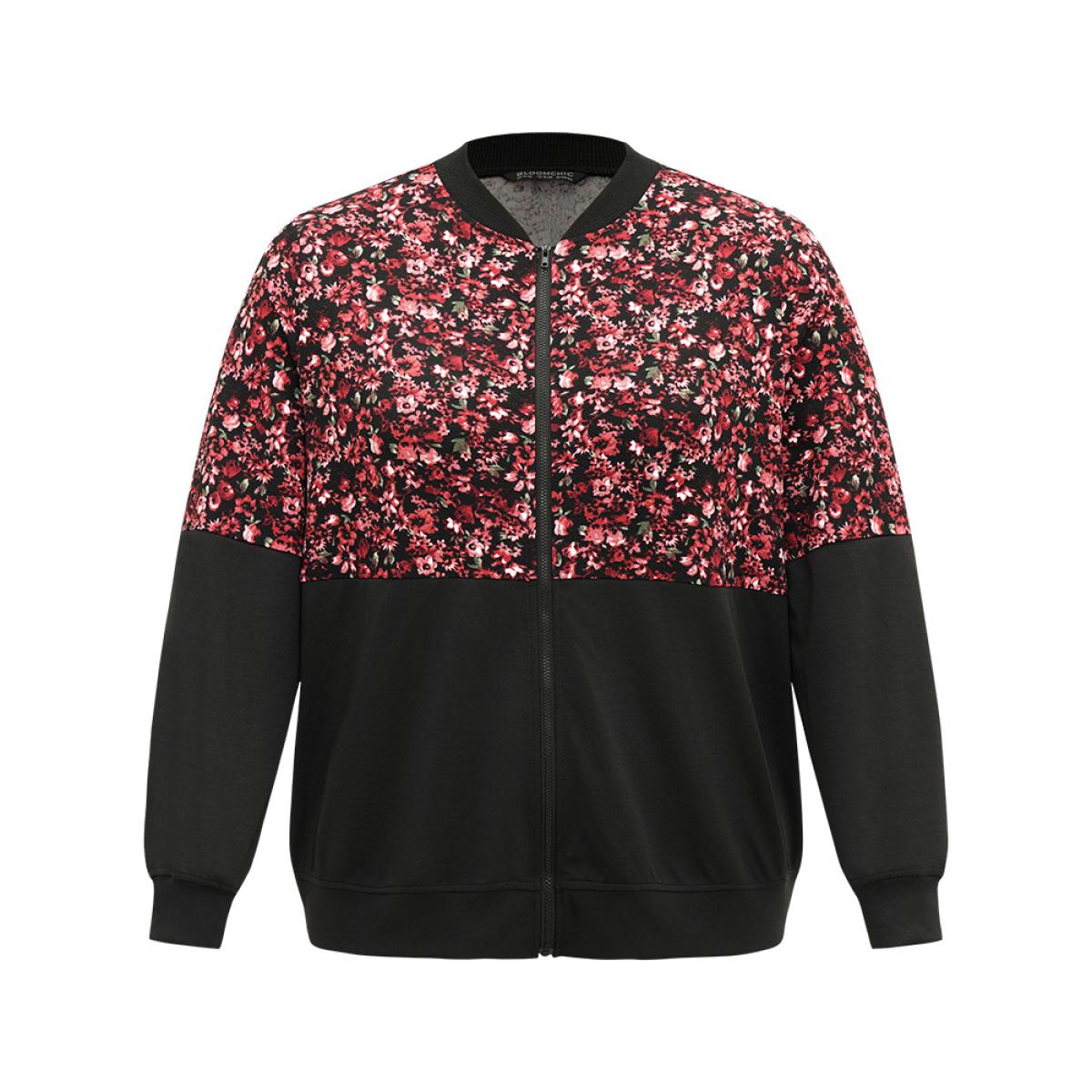 Plus Size Ditsy Floral Patchwork Zipper Elastic Cuffs Jacket Women Black Elastic cuffs Dailywear Jackets BloomChic 10/M Product Image