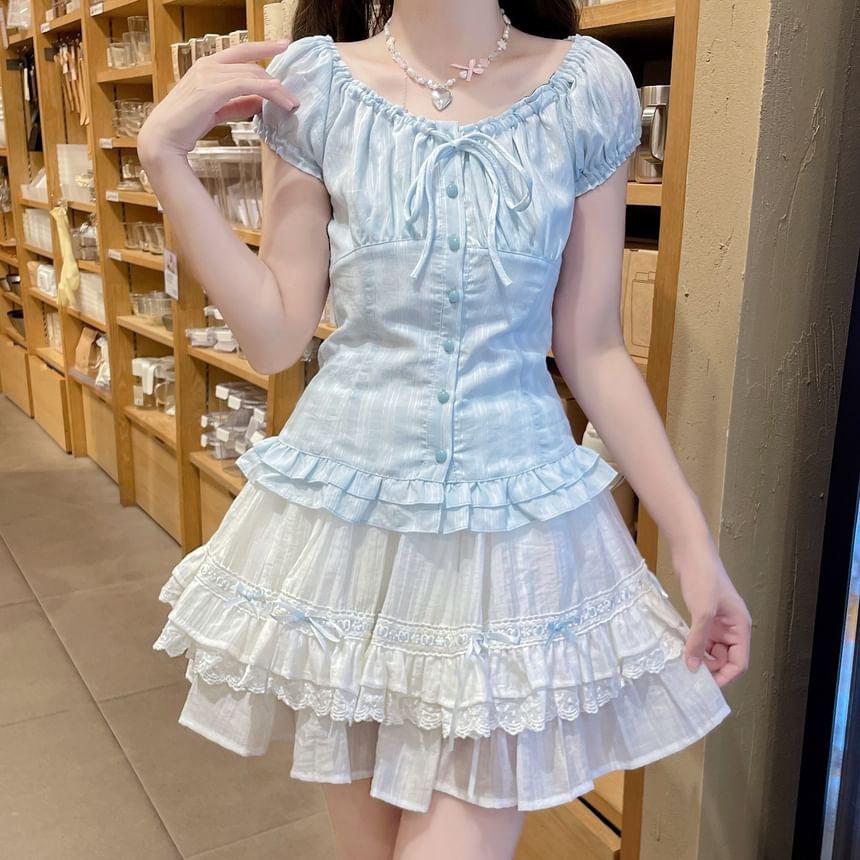 Puff-Sleeve Striped Bow Ruffle Blouse / High Waist Lace Trim Mini A-Line Skirt Product Image