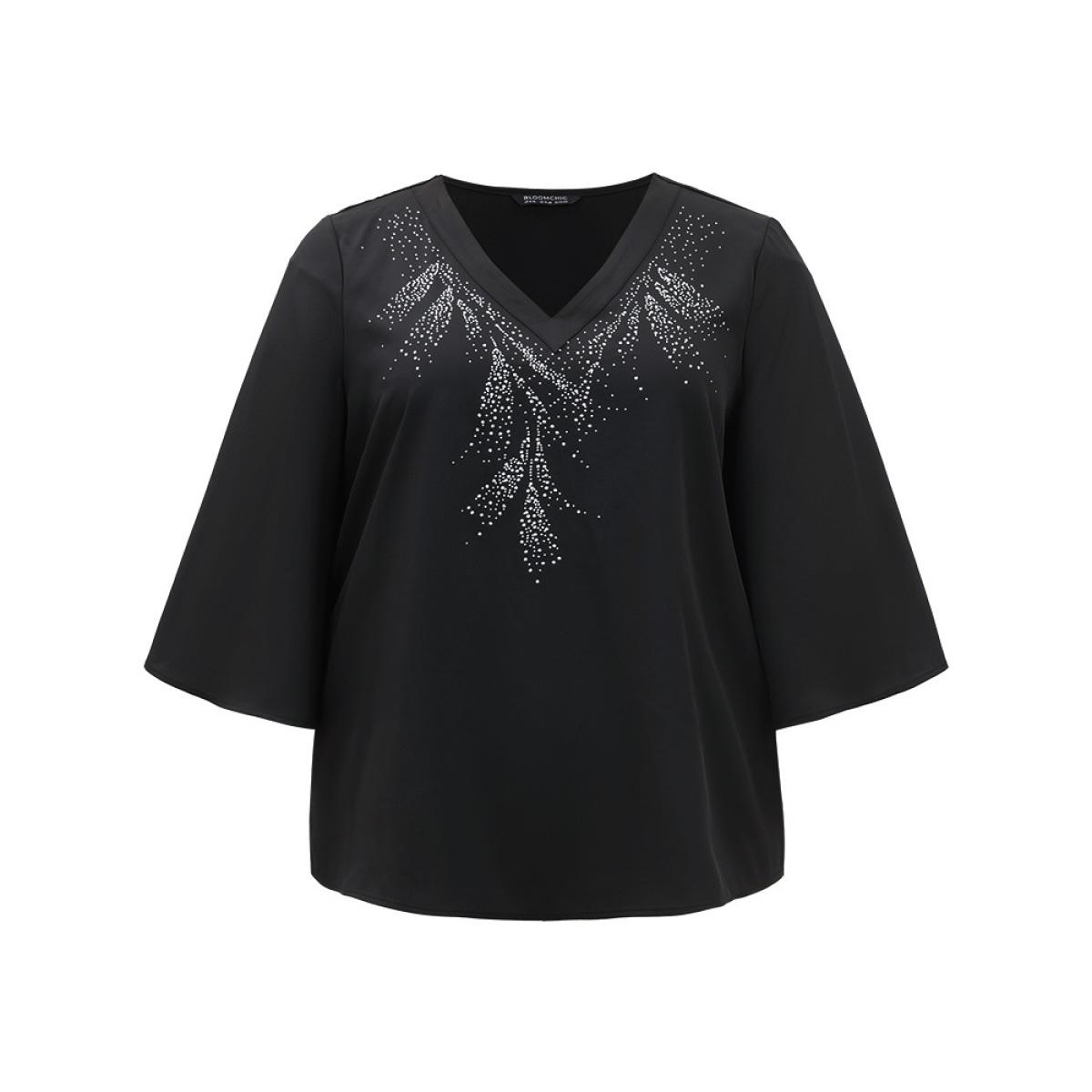 Plus Size Black Twill Rhinestone V Neck Ruffle Sleeve Blouse Women Glamour Elbow-length sleeve V-neck Going out Blouses BloomChic 26/4X Product Image