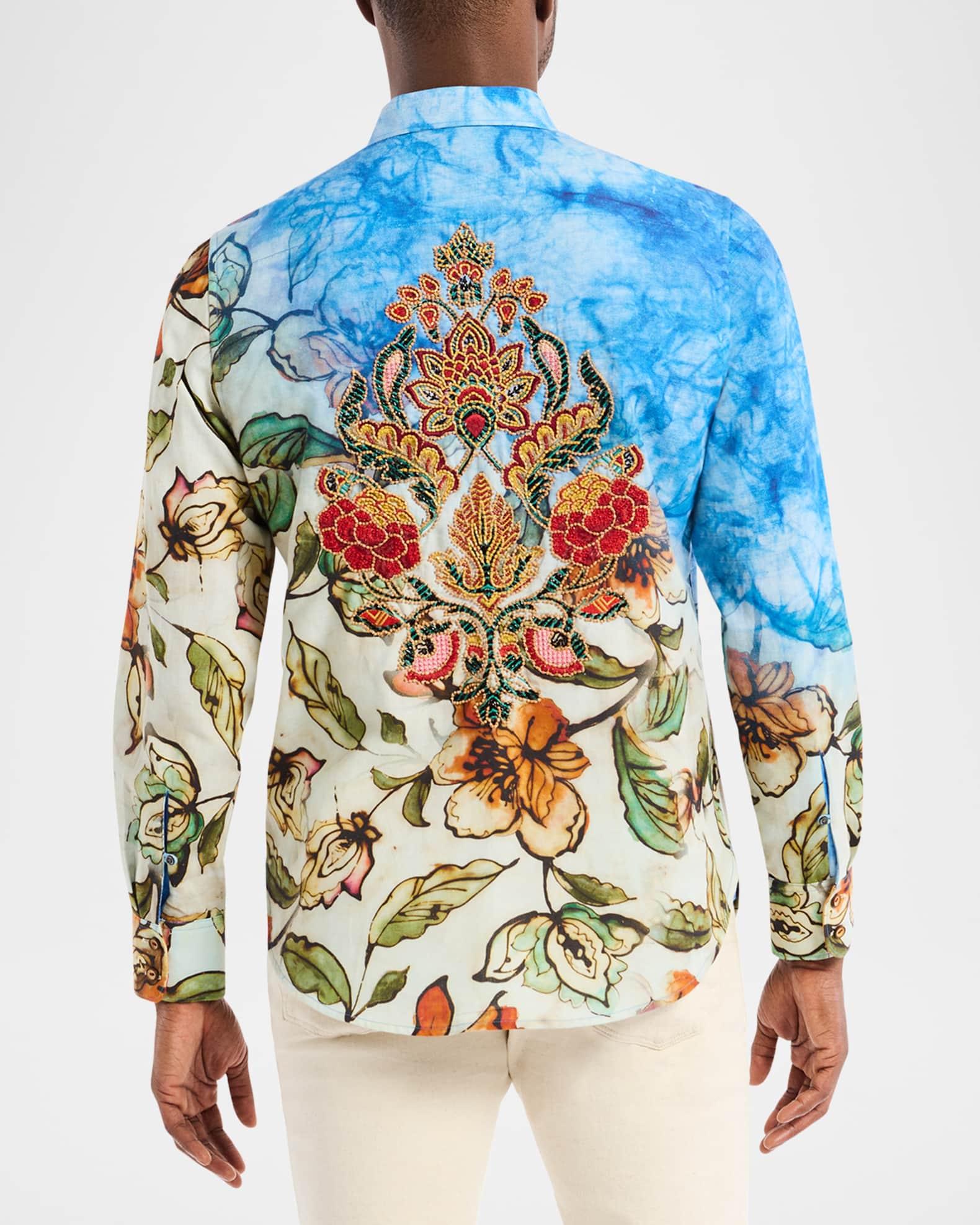 Men's Flax and Cotton Floral Embroidered Sport Shirt Product Image