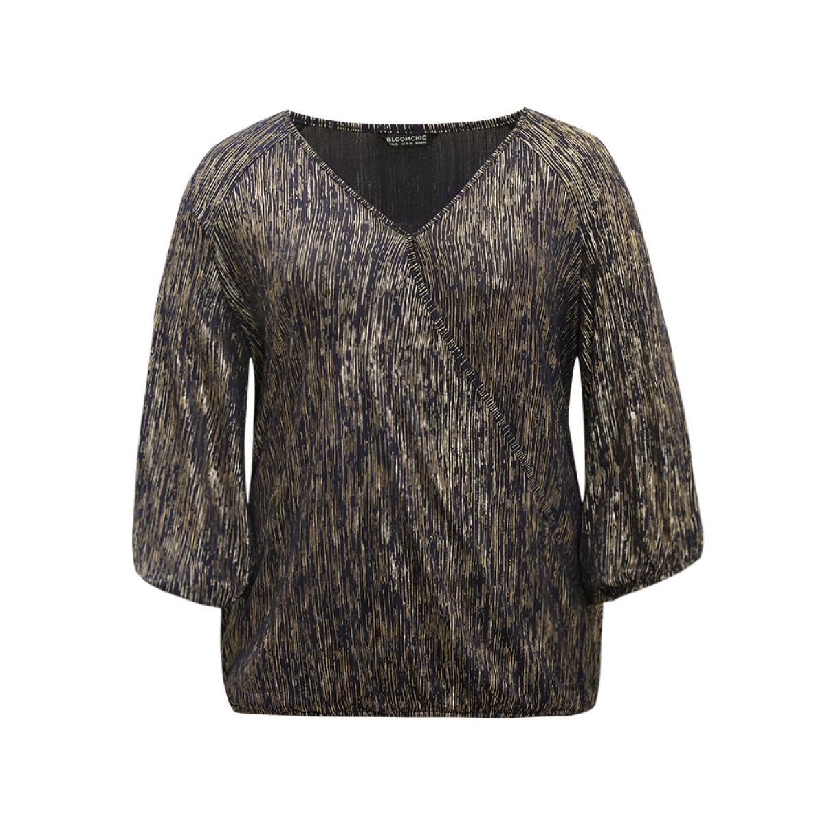 Plus Size DarkBlue Glitter Galaxy Wrap Lantern Sleeve Blouse Women Cocktail Elbow-length sleeve Overlap Collar Party Blouses BloomChic 26/4X Product Image