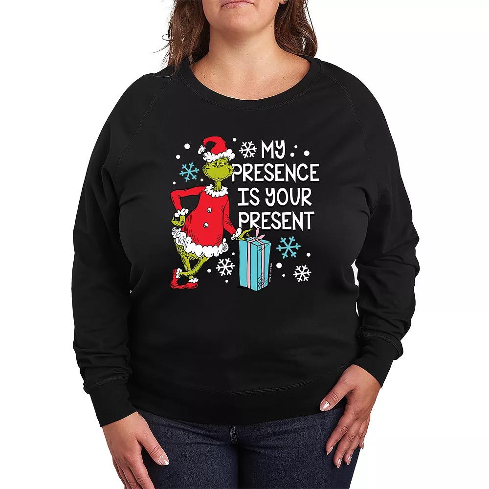 Plus Size Dr. Seuss Grinch My Presence French Terry Long Sleeve Tee, Women's, Size: 1XL, Black Product Image