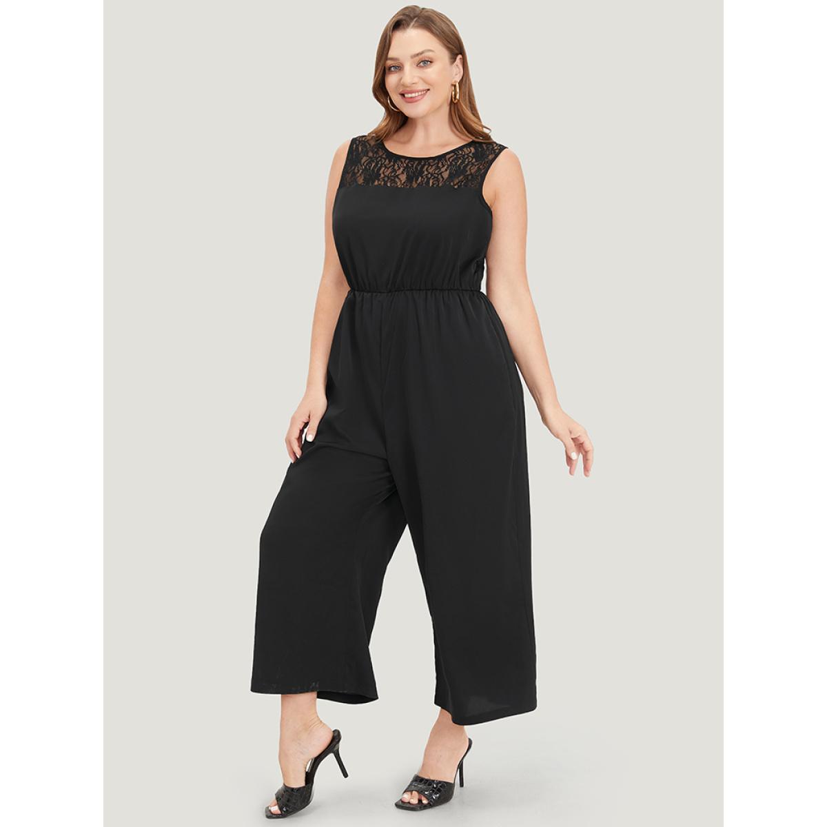 Plus Size Black Solid Lace Mesh Pocket Sleeveless Jumpsuit Women Elegant Sleeveless Round Neck Dailywear Loose Jumpsuits BloomChic 12/L Product Image