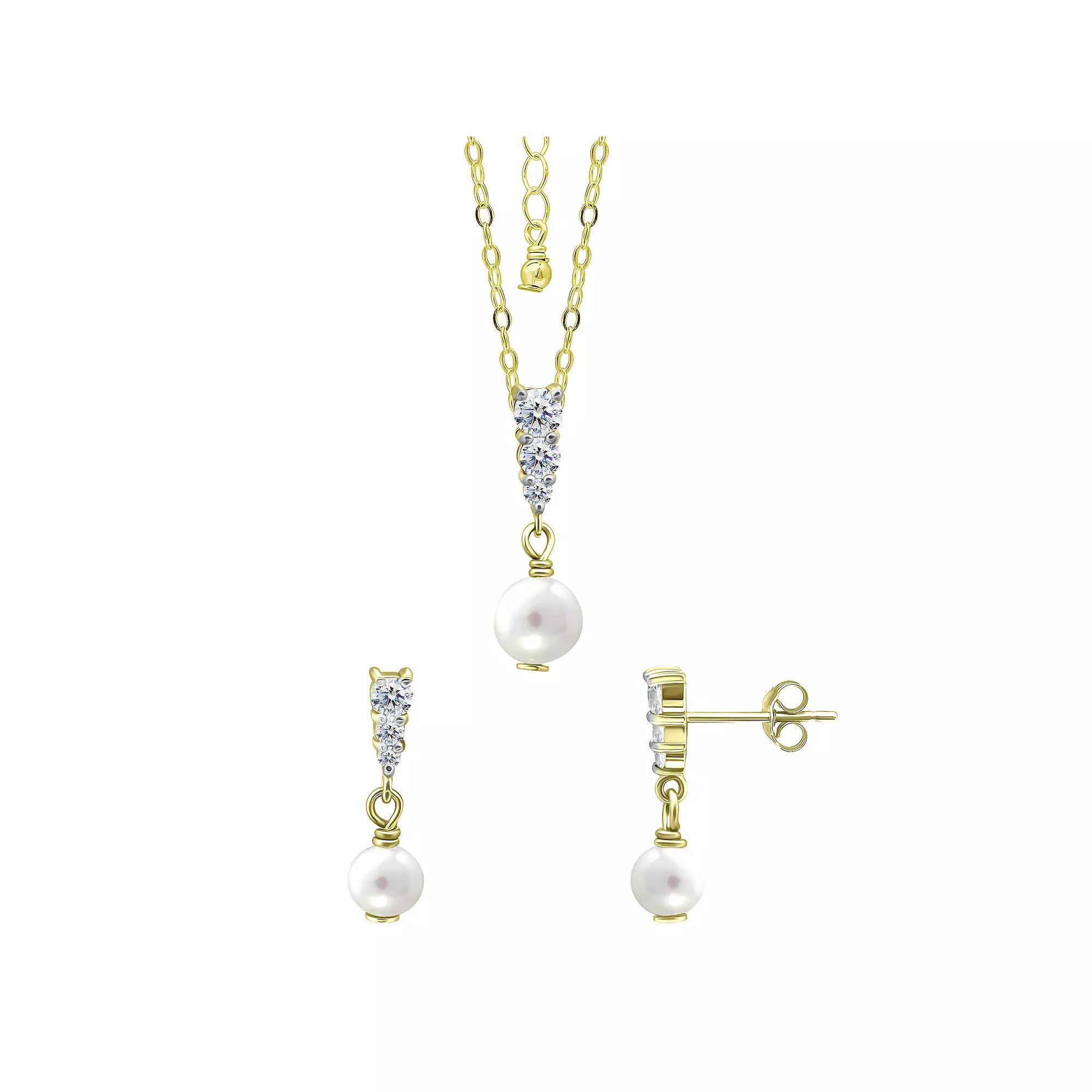 Aleure Precioso 18k Gold Over Silver Triple Cubic Zirconia & Freshwater Cultured Pearl Drop Pendant Necklace & Earrings Set, Women's, Size: 18", Gold Tone White Product Image