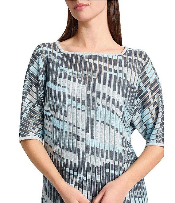 Ming Wang Sheer Burnout Jacquard Knit Square Boat Neck Elbow Sleeve Tunic Product Image