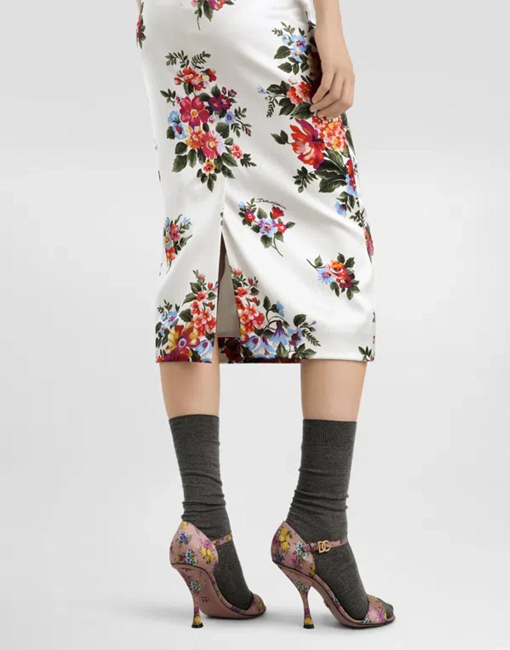 DOLCE & GABBANA Abito Midi Bianco Con Stampa Floreale Dolce E Gabbana In White Product Image