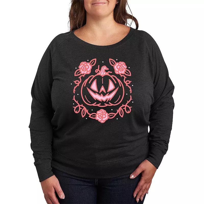 Plus Size Coquette Pumpkin Rose French Terry Long Sleeve Tee, Womens Heather Grey Product Image