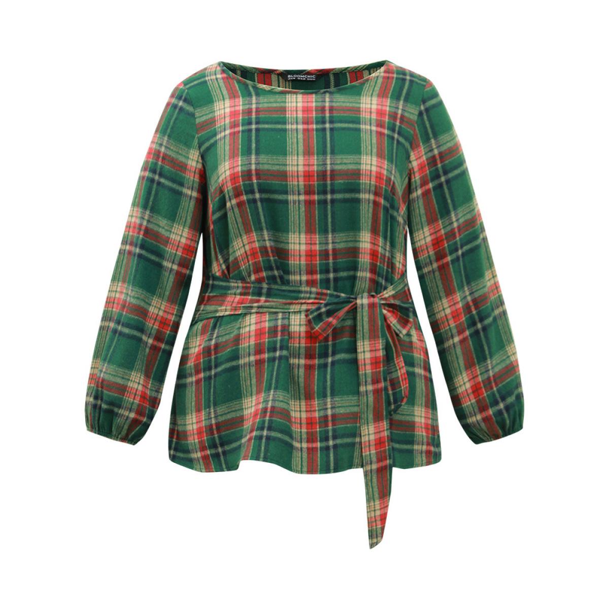 Plus Size DarkGreen Christmas Plaid Ties Lantern Sleeve Blouse Women Elegant Long Sleeve Round Neck Festival-Christmas Blouses BloomChic 30/6X Product Image