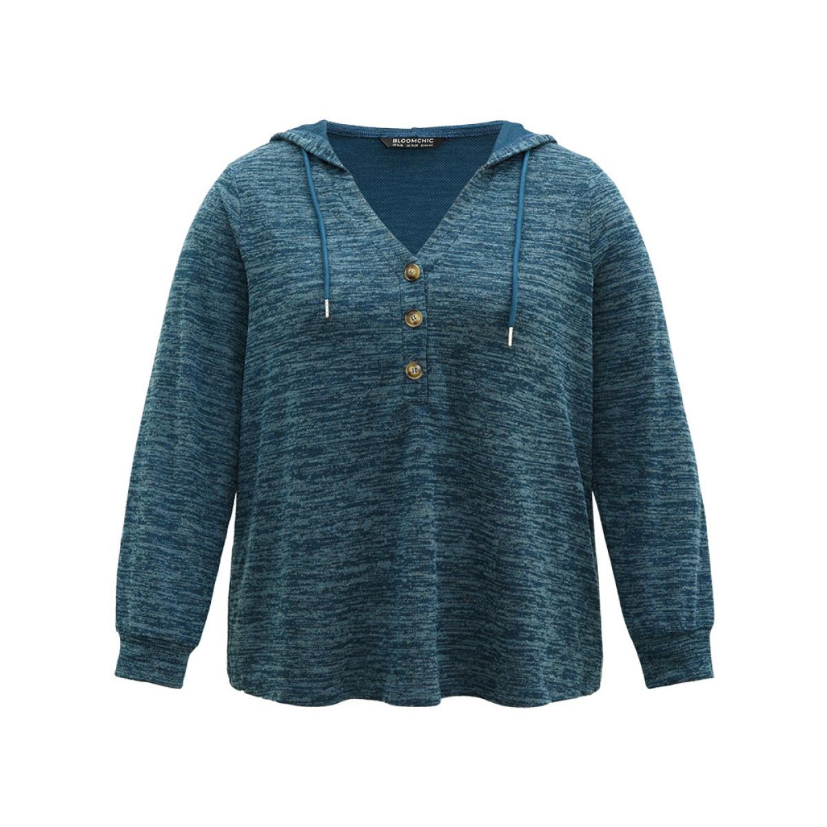 Plus Size Plain Heather Button Up Hooded Drawstring Sweatshirt Women Cyan Casual Texture Hooded Dailywear Sweatshirts BloomChic 22-24/3X Product Image