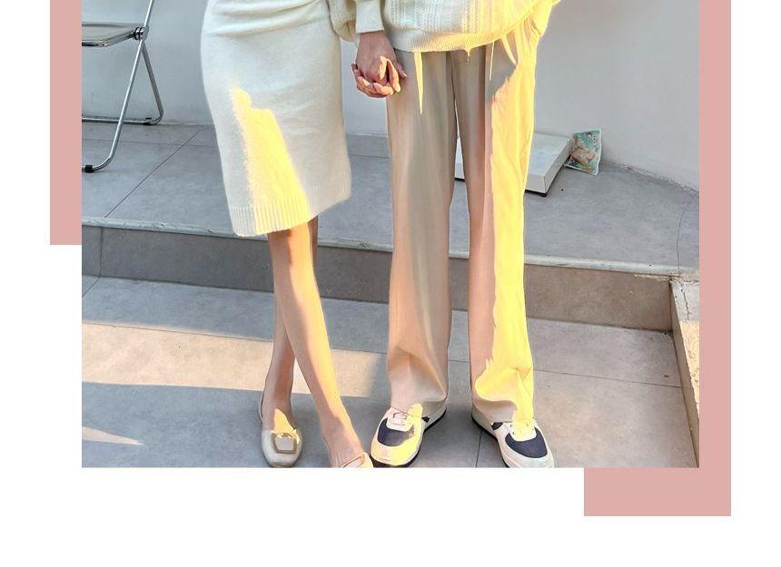 Couple Matching Long-Sleeve Plain Bow Shrug / Sleeveless Square Neck Knit Midi Sheath Dress / Crew Neck Ribbed Sweater / Set Product Image