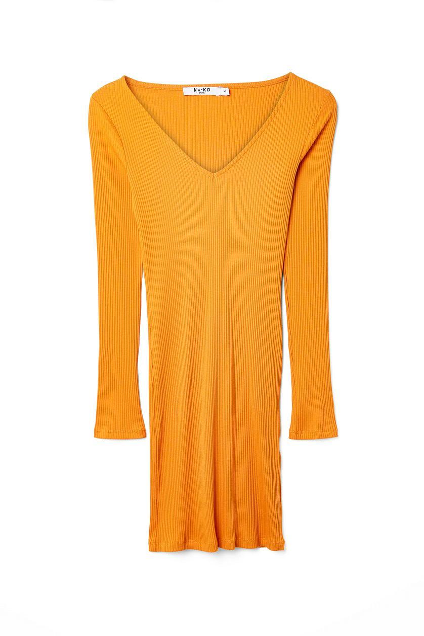 V-Neck Rib Long Sleeved Mini Dress Product Image