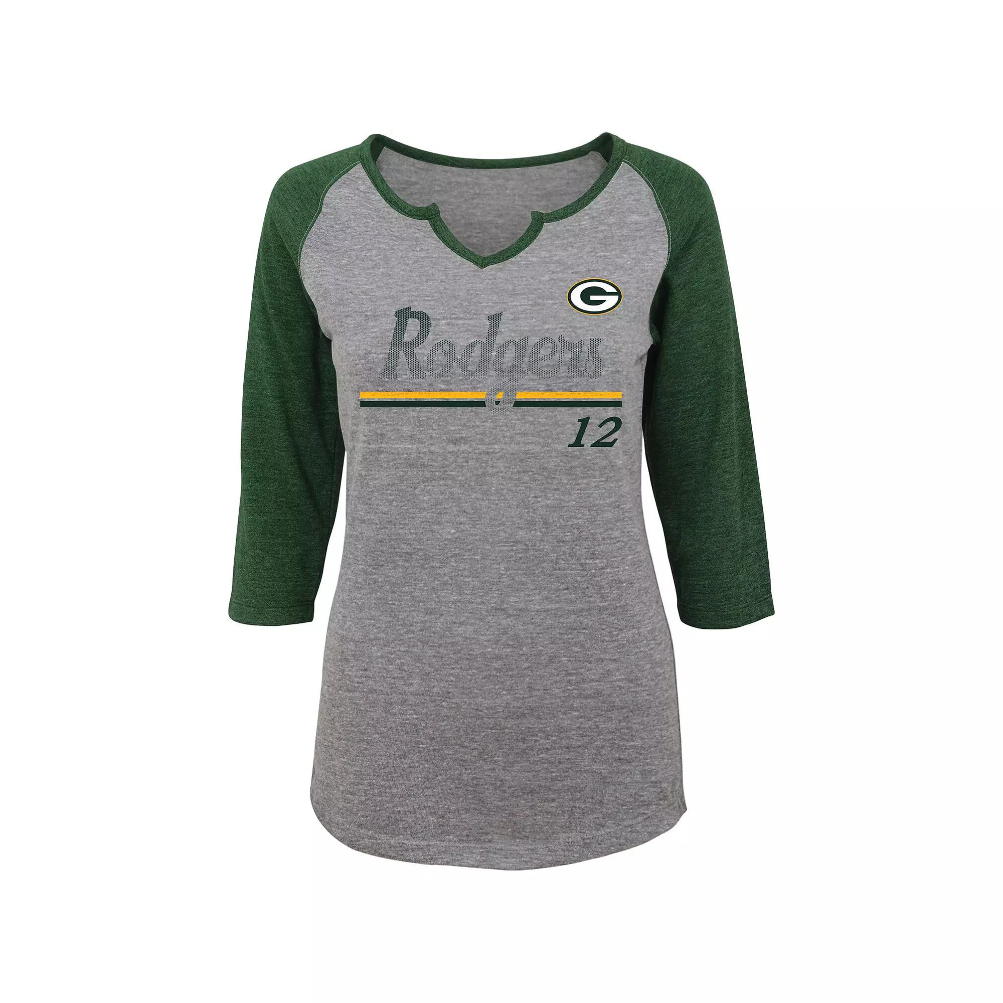 Women's Juniors Aaron Rodgers Heathered Gray/Green Green Bay Packers Over the Line Player Name & Number Tri-Blend 3/4-Sleeve V-Notch T-Shirt, Size: JR Small, Grey Product Image