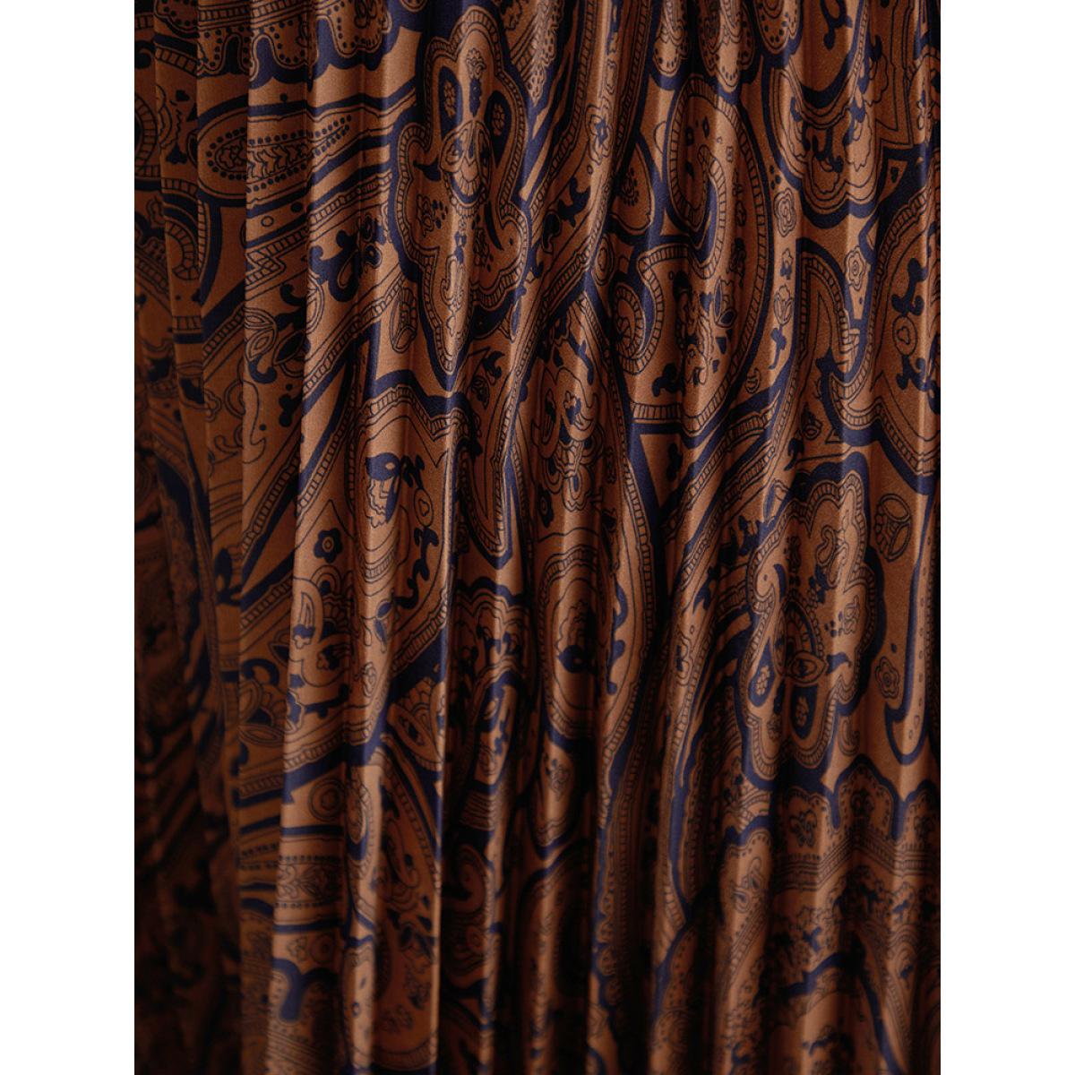 Plus Size Boho Print Pleated Elastic Waist Wrap Dress DarkBrown Women Vacation Elastic cuffs V-neck Long Sleeve Curvy Midi Dress BloomChic 14-16/1X Product Image