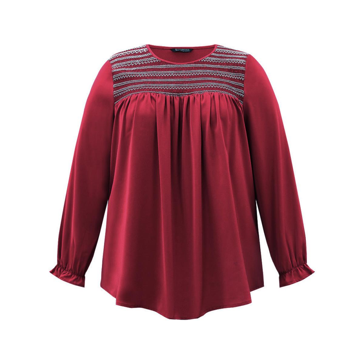 Plus Size Scarlet Contrast Trim Plicated Detail Flutter Sleeve Blouse Women Office Long Sleeve Round Neck Office Blouses BloomChic 30/6X Product Image
