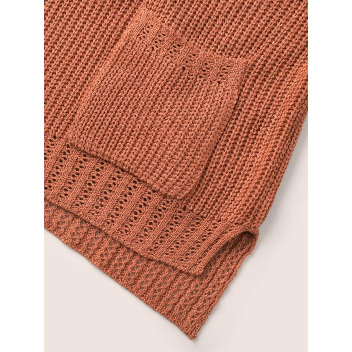 Plus Size Solid Pocket Pointelle Knit Split Hem Pullover Coral Women Casual Long Sleeve Polo Everyday Pullovers BloomChic 26/4X Product Image