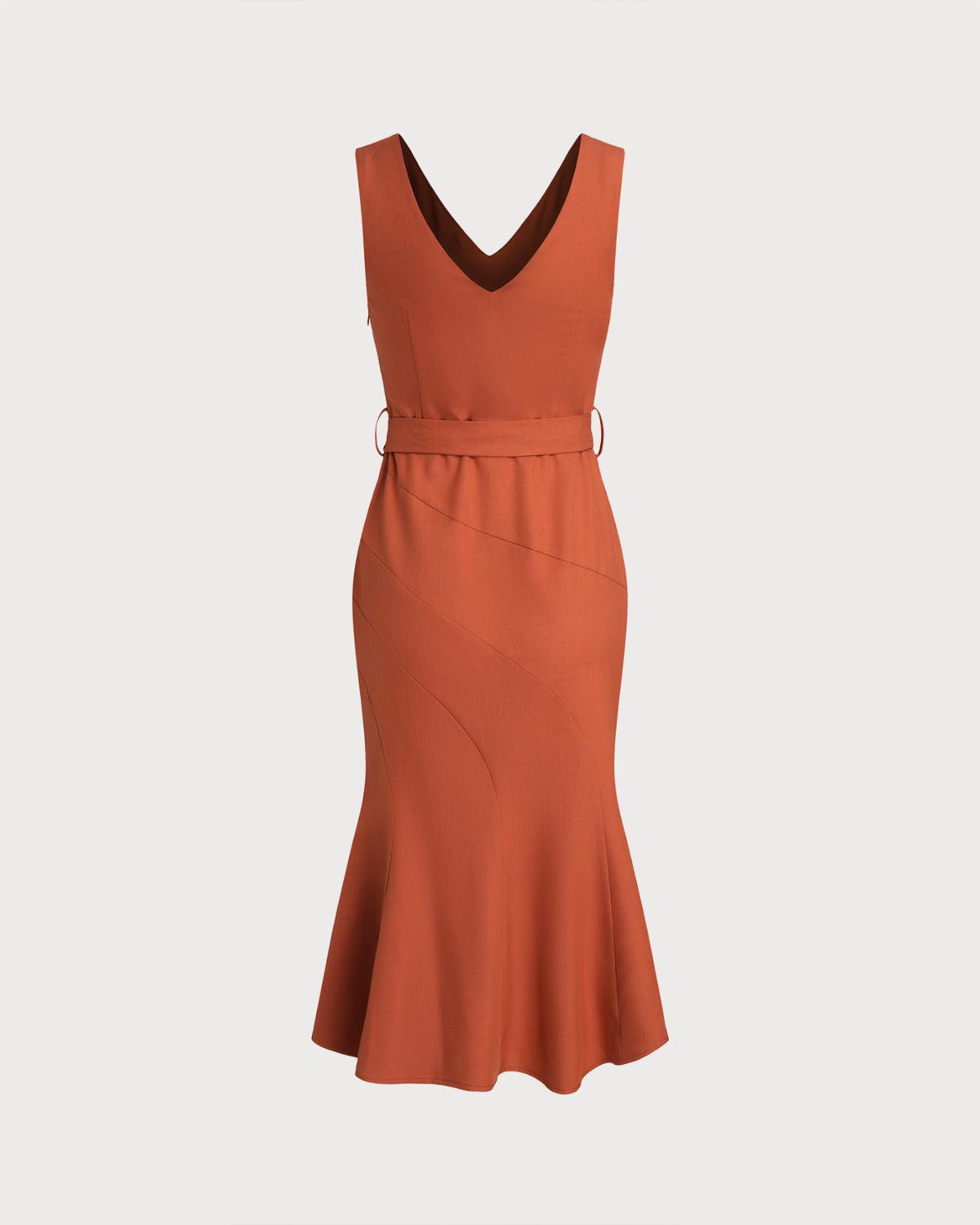 Red V Neck Mermaid Sleeveless Midi Dress Product Image
