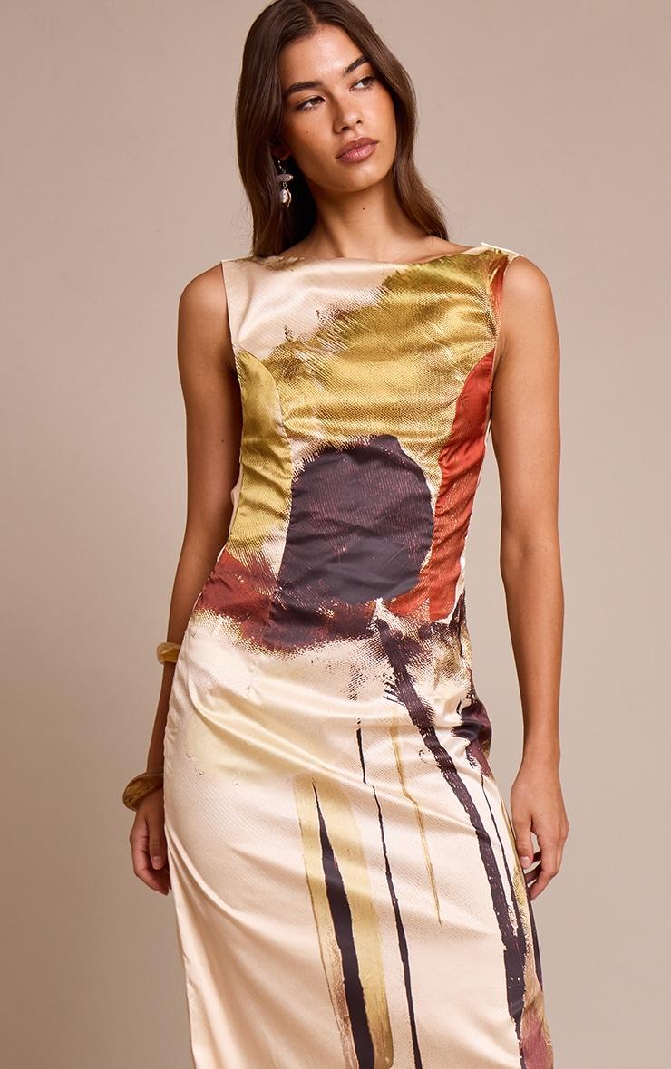 Cream Floral Printed Satin Maxi Dress Product Image