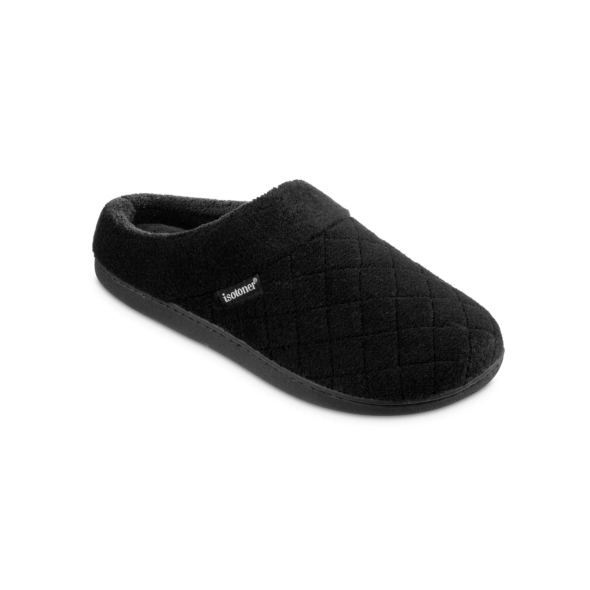 Isotoner Women's Diamond Quilted Microterry Hoodback Slippers - Black Product Image
