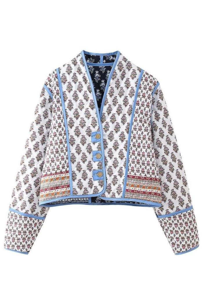 Stylish V-Neck Button Double-Sided Printed Quilted Jacket Product Image