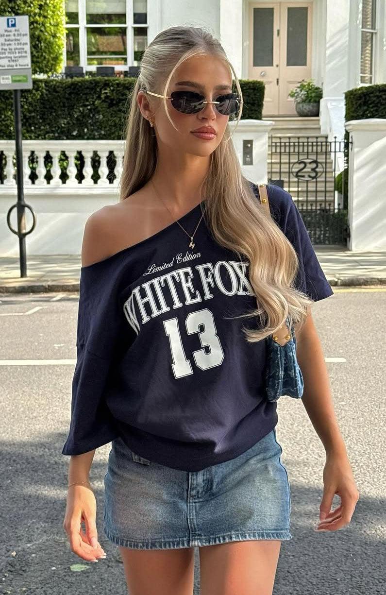 Everything In Time Off Shoulder Oversized Tee Navy Product Image