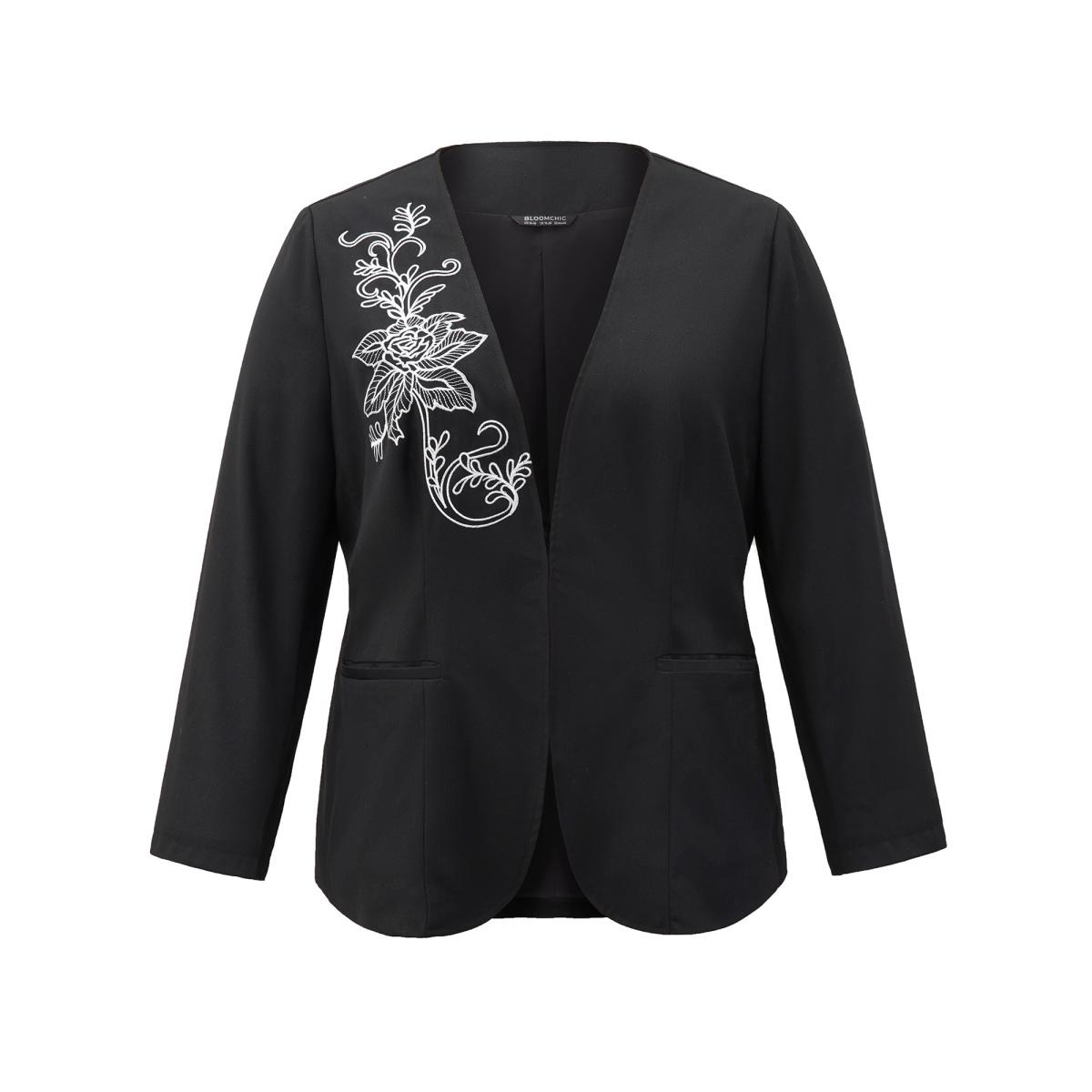 Plus Size Floral Embroidered Hook Buckle Pocket Blazer Black Women Dailywear Floral Lined Sleeve Long Sleeve Open Front 10/M Pocket Elegant Blazers BloomChic Product Image