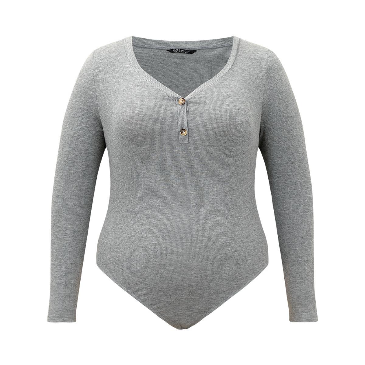 Plus Size Supersoft Essentials Rib Knit Button Up Bodysuit Women Gray Plain Plain Bodysuits BloomChic 26/4X Product Image