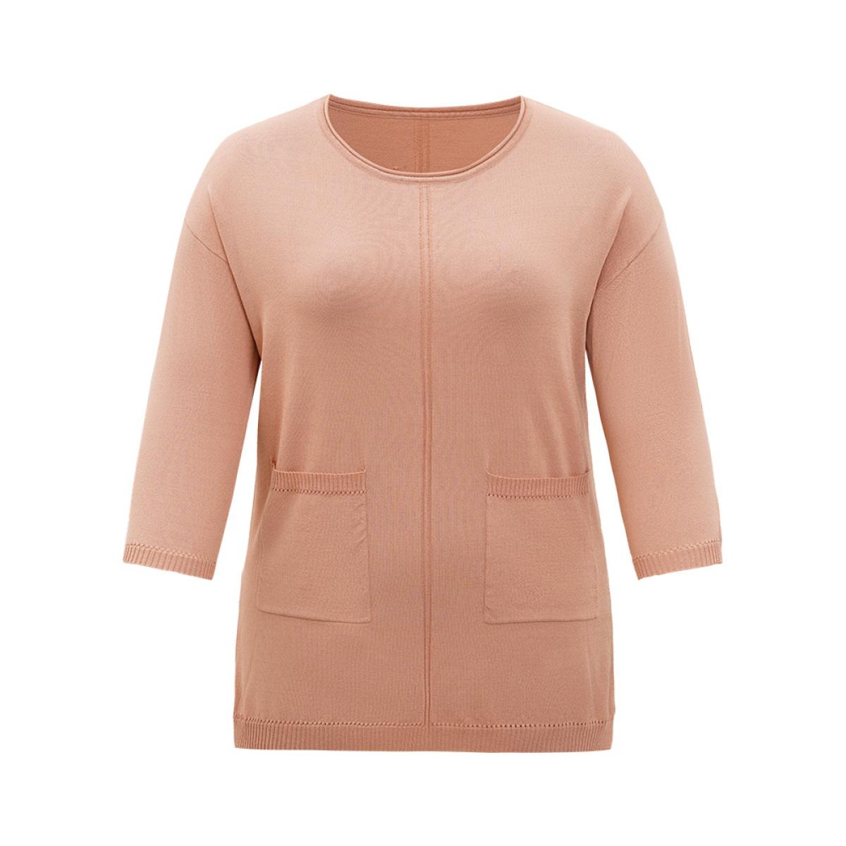 Plus Size Solid Patched Pocket Split Side High Low Hem Pullover Salmon Women Casual Loose Elbow-length sleeve Round Neck Dailywear Pullovers BloomChic 14-16/1X Product Image