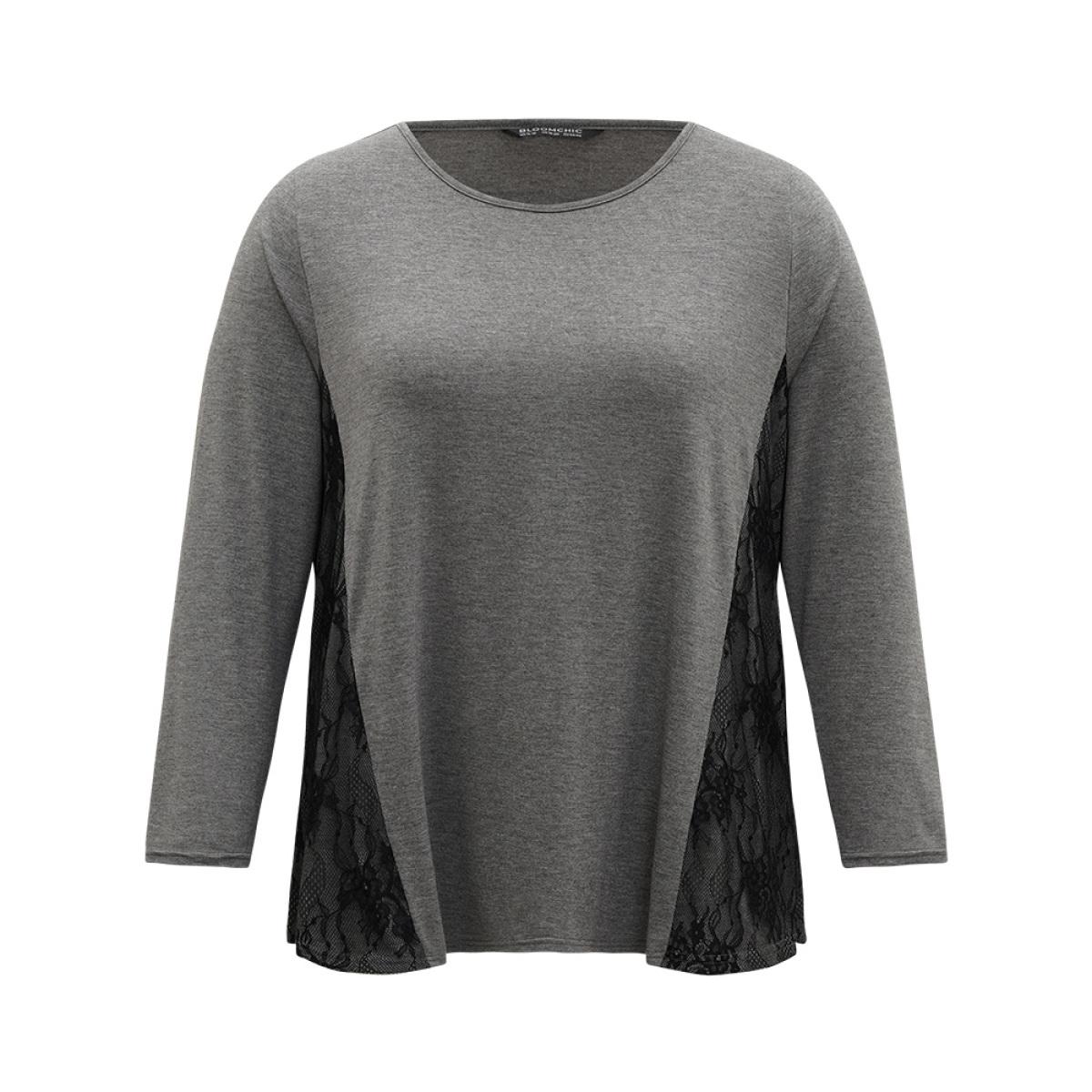 Plus Size Crochet Lace Crew Neck Patchwork T-shirt Gray Women Elegant Contrast Plain Round Neck Everyday T-shirts BloomChic 10/M Product Image