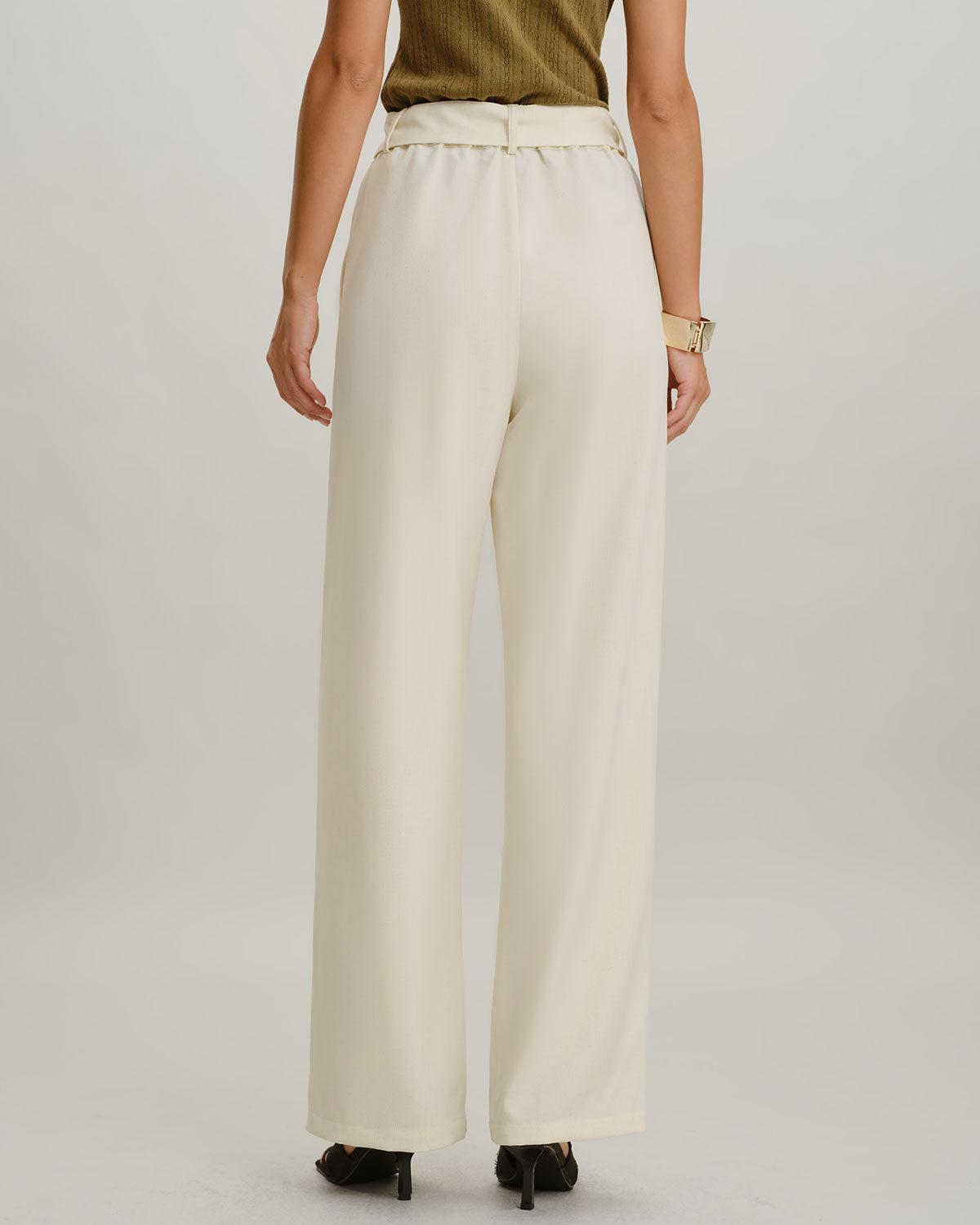 Beige High Waisted Belt Straight Pants Product Image