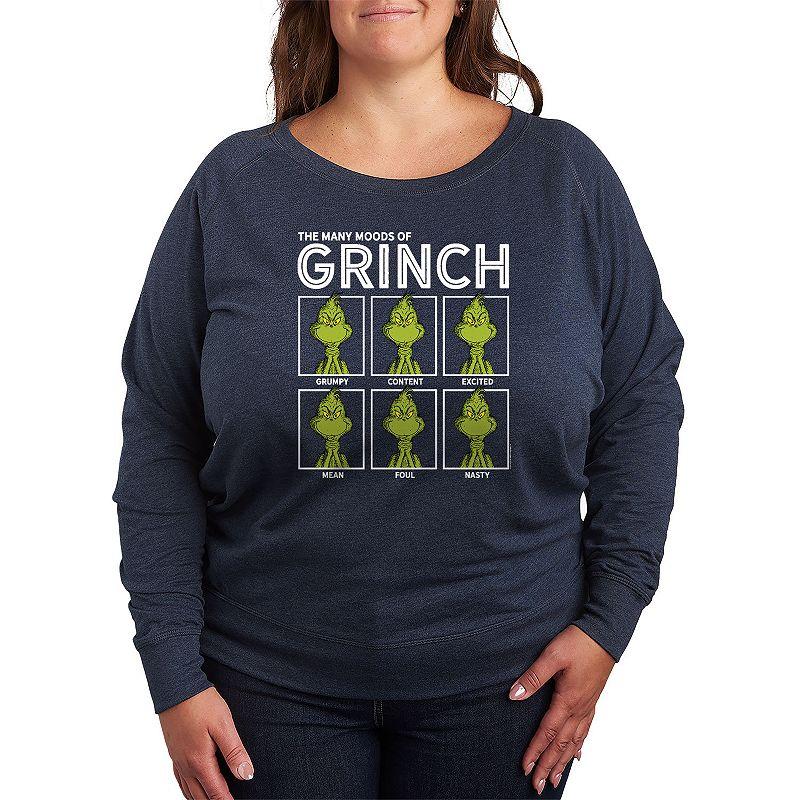 Plus Size Dr. Seuss The Grinch Many Mood French Terry Long Sleeve Tee, Womens Grey Blue Product Image