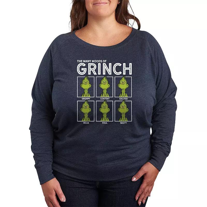 Plus Size Dr. Seuss The Grinch Many Mood French Terry Long Sleeve Tee, Womens Grey Blue Product Image