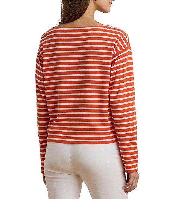 Lauren Ralph Lauren Cotton Jersey Stripe Boat Neck Long Sleeve Top Product Image