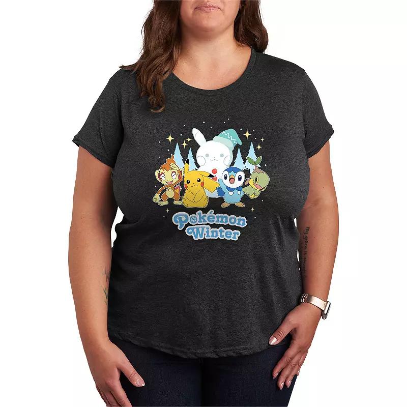 Plus Pokemon Winter Graphic Tee, Womens Heather Grey Product Image