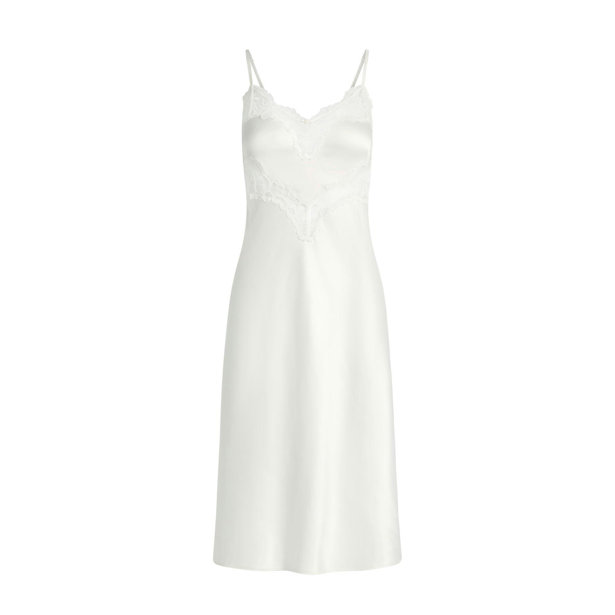 WOVEN SHINE LACE MIDI SLIP DRESS | IVORY Product Image