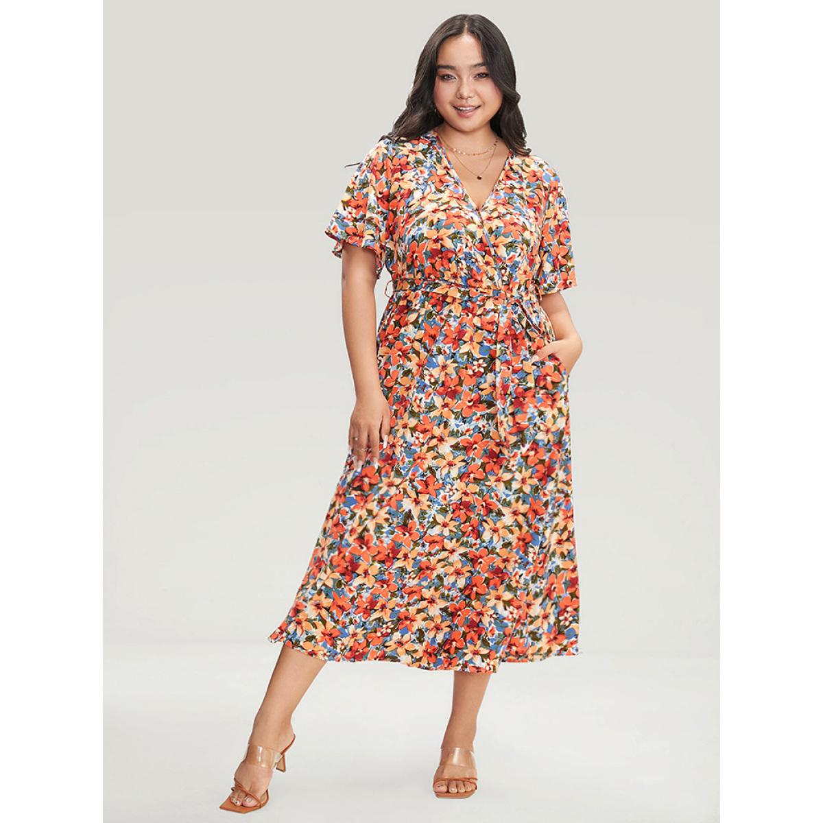 Plus Size Floral Printed Ruffle Sleeve Pocket Surplice Neck Flutter Dress Multicolor Women Elegant Cross straps V-neck Short sleeve Curvy Midi Dress BloomChic 12/L Product Image