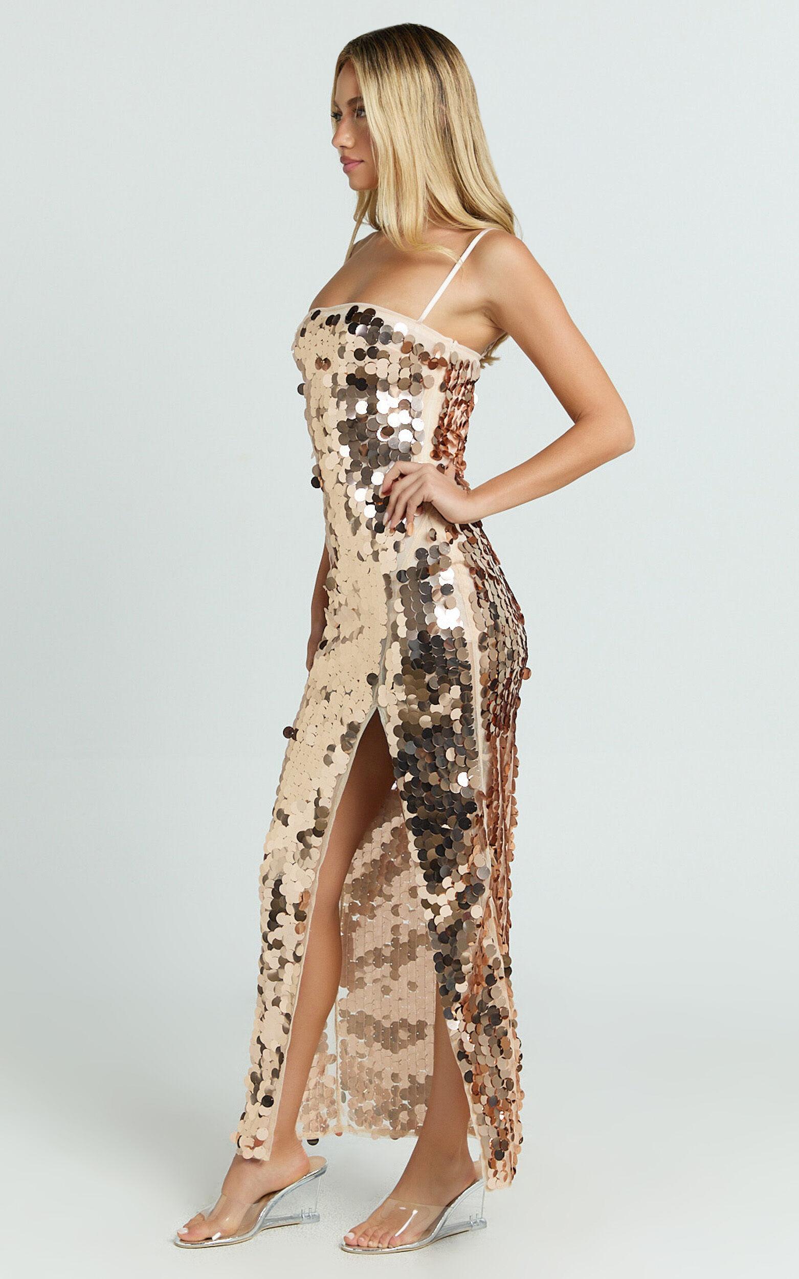 Wilfreda Maxi Dress - Sequin Square Neck Bodycon Dress in Rose Gold Product Image