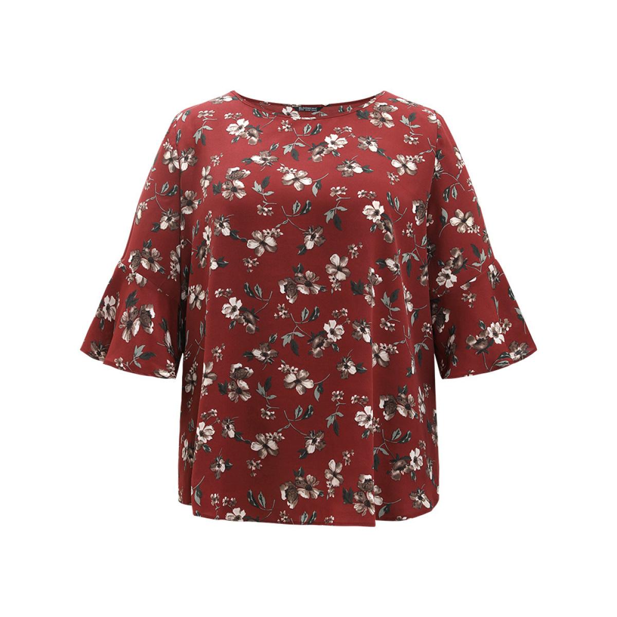 Plus Size Scarlet Floral Print Bell Sleeve Crew Neck Blouse Women Elegant Half Sleeve Round Neck Dailywear Blouses BloomChic 28/5X Product Image