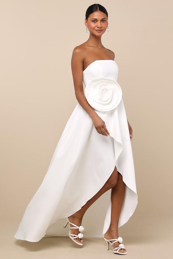 Emiliana White 3D Rosette Strapless High-Low Maxi Dress Product Image