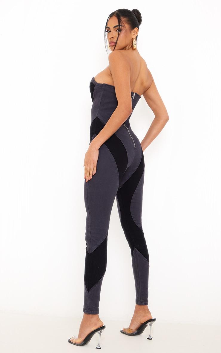 Black Contrast Panel Detail Denim Jumpsuit Product Image