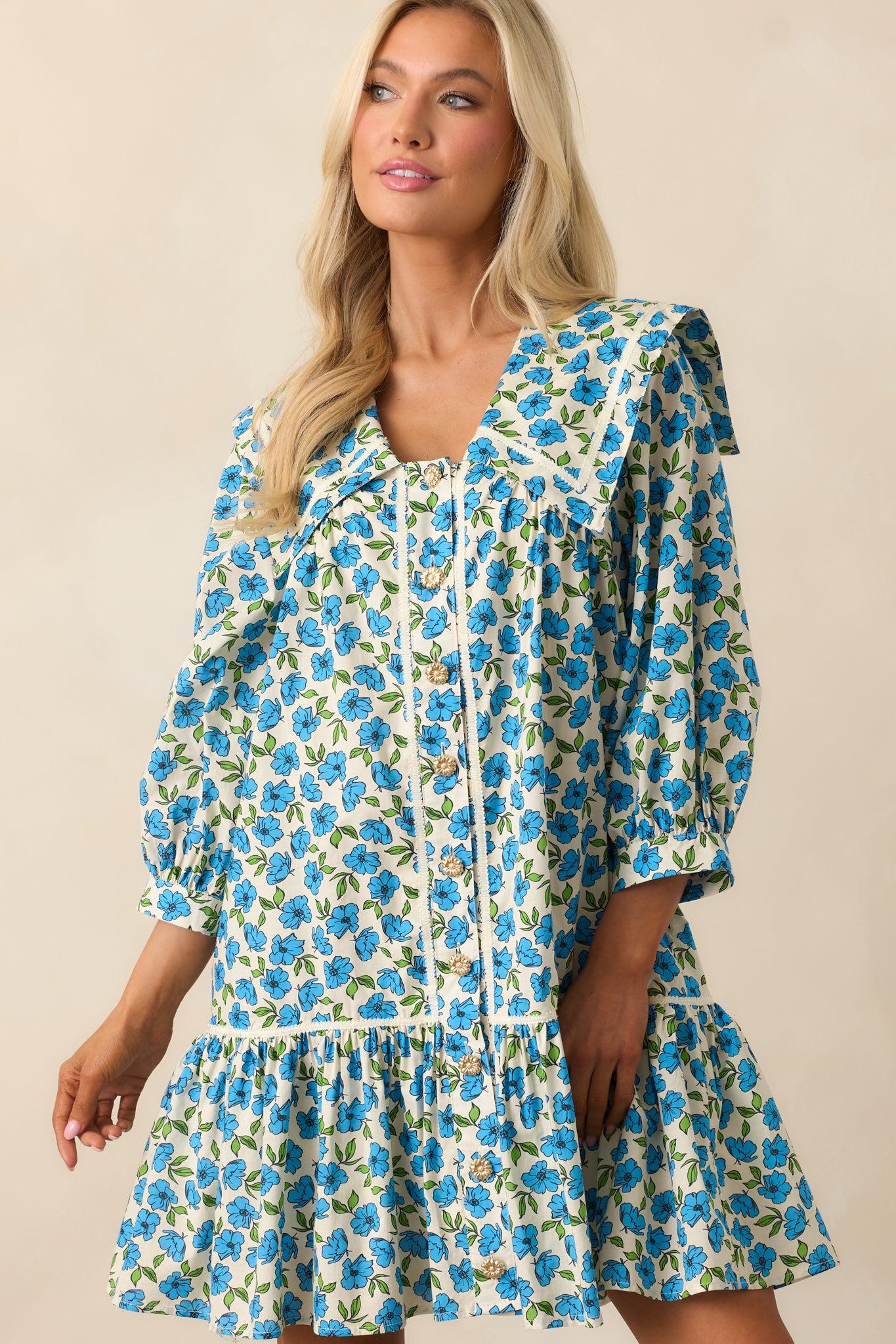 Butterfly Garden Blue Cotton Button Front Mini Dress Product Image