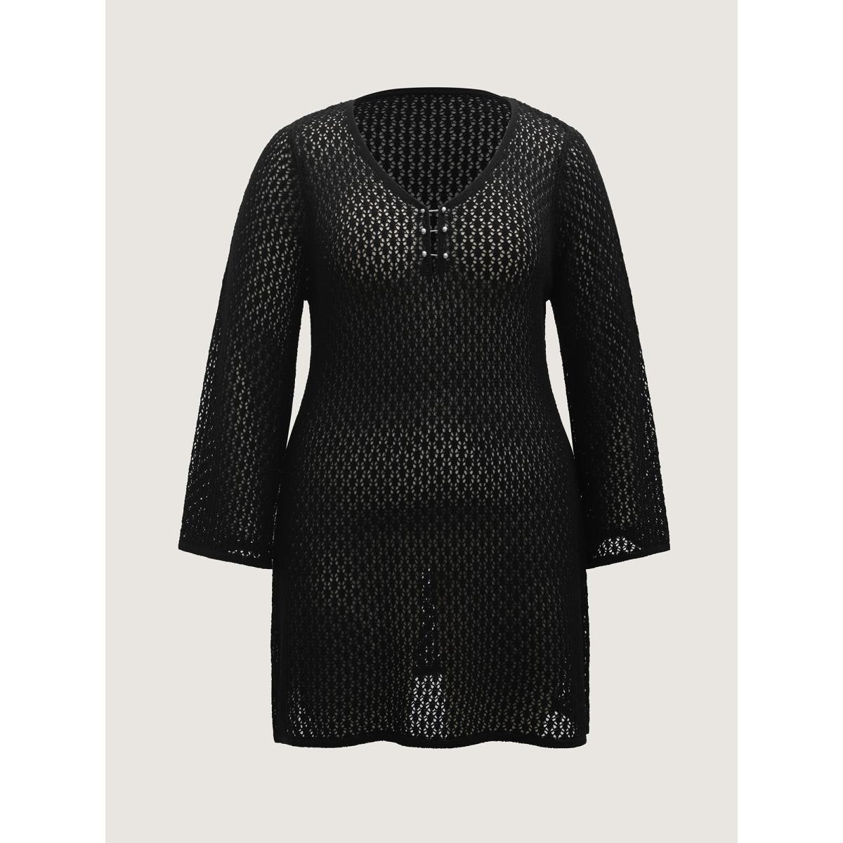 Plus Size Split Neck Beaded Cut-Out Swim Cover-Up Women's Swimwear Black Beach Loose Texture Curve Swim Cover Ups BloomChic 28/5X Product Image